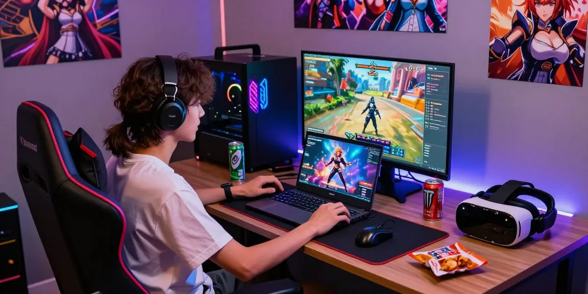 Engaging scene of a gamer enjoying free hentai games on a sleek laptop amidst a colorful LED-lit gaming setup.