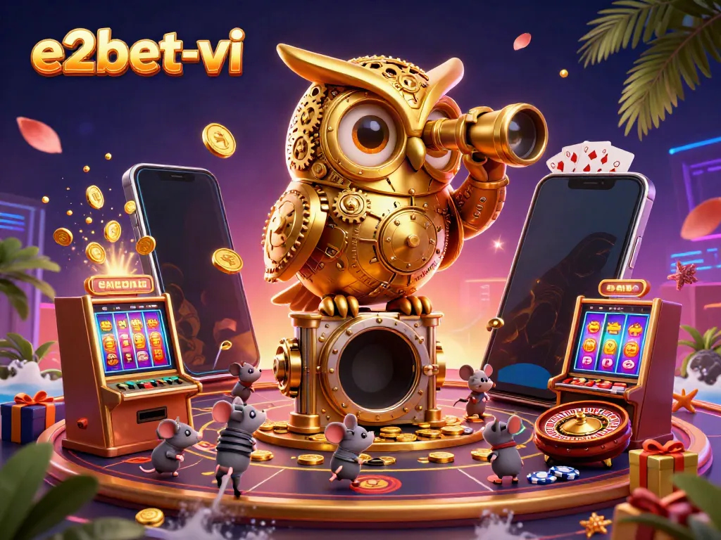 Bet on wins at e2bet-vi with an engaging casino scene, featuring cartoonish characters and vibrant gaming elements.