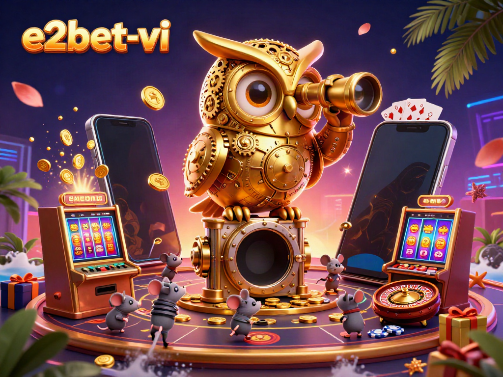 Bet on wins at e2bet-vi with an engaging casino scene, featuring cartoonish characters and vibrant gaming elements.