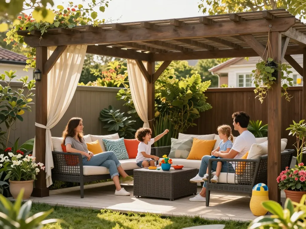 Family enjoying a beautifully designed pergola using software configuratore pergole for outdoor relaxation and playtime.