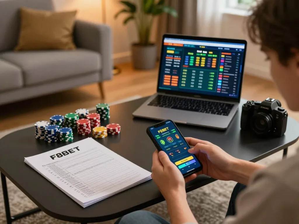 F8BET player engaging with smartphone in a cozy gaming setup, showcasing casino app