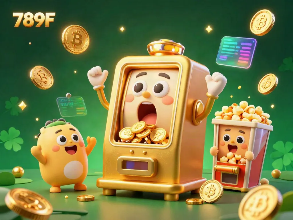 Experience the excitement of 789F with a joyous golden slot machine hitting the jackpot amidst cheers and glowing coins.
