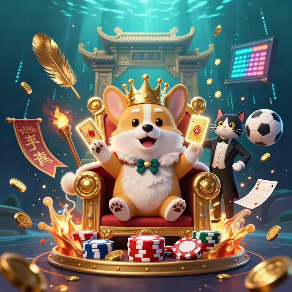 Corgi reale con corona d’oro e gatto maggiordomo tra monete, neon e sfondo blu profondo.