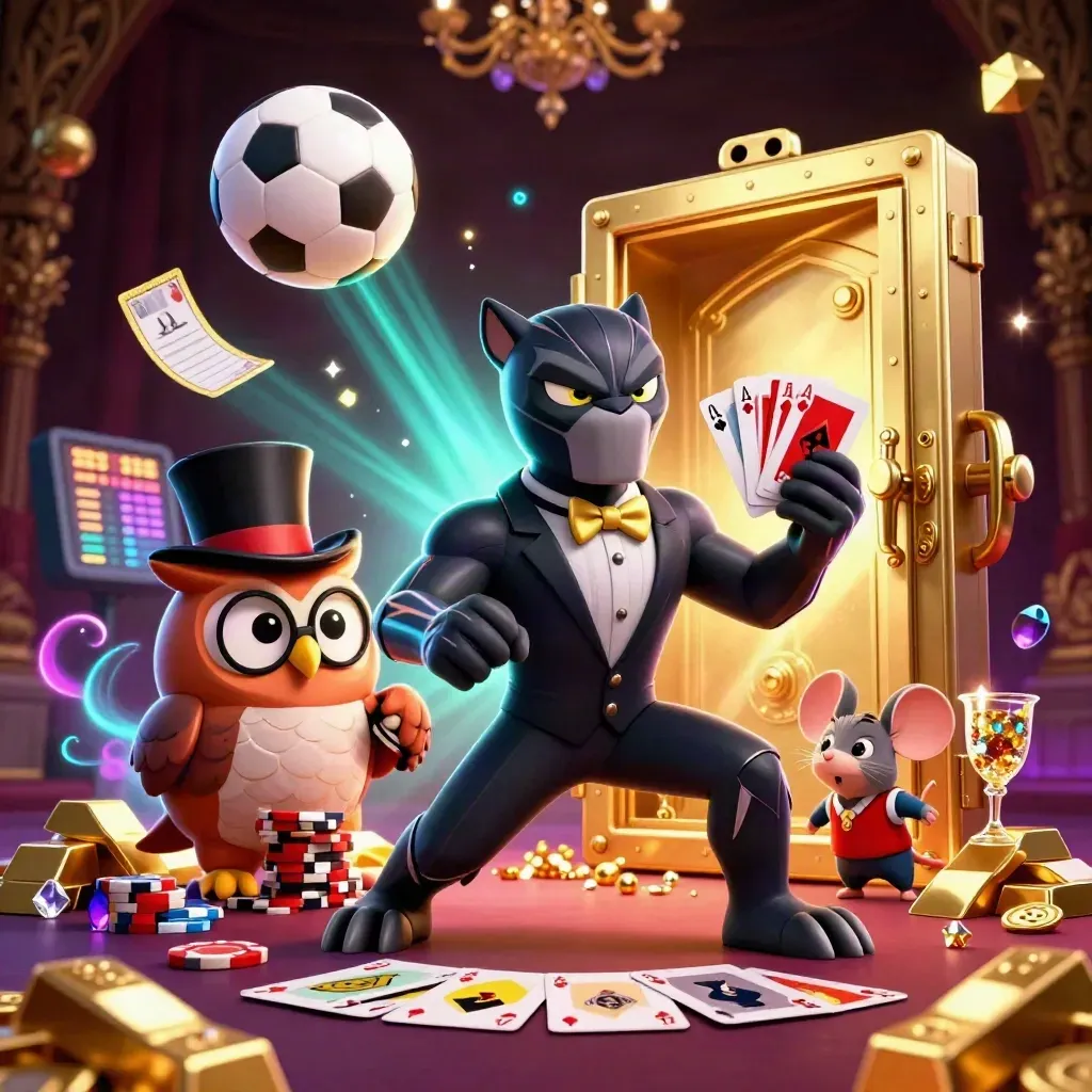 Pantera tuxedo, gufo e topo tra fiches, caveau d'oro, pallone e palla da basket.