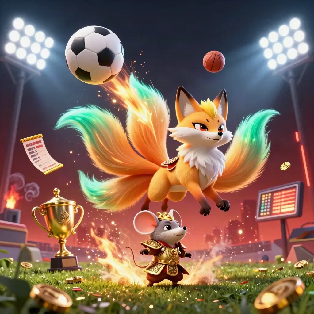Volpe a nove code e topo samurai tra palloni, trofeo, monete e luci al neon.