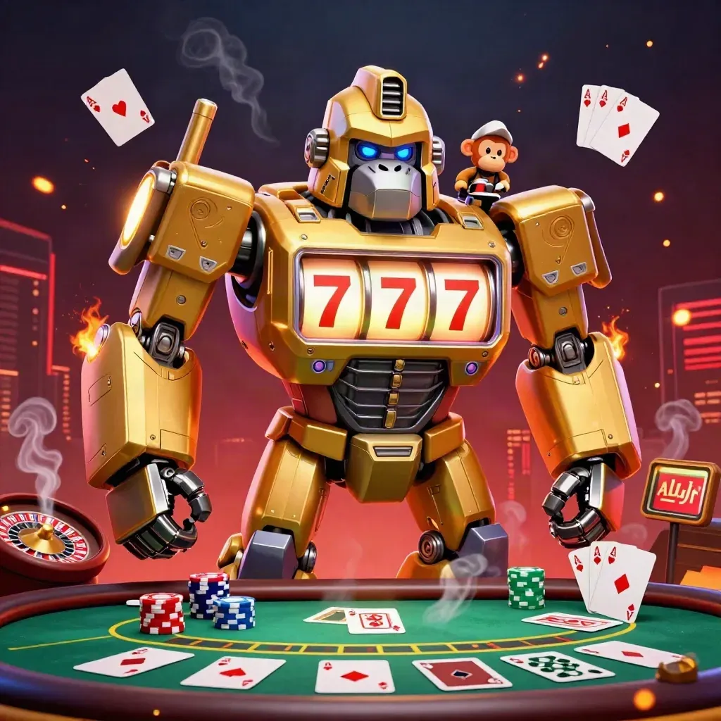 Mech gorilla dorato con scimmietta, tavolo da poker, roulette e luci neon in un casinò lussuoso.