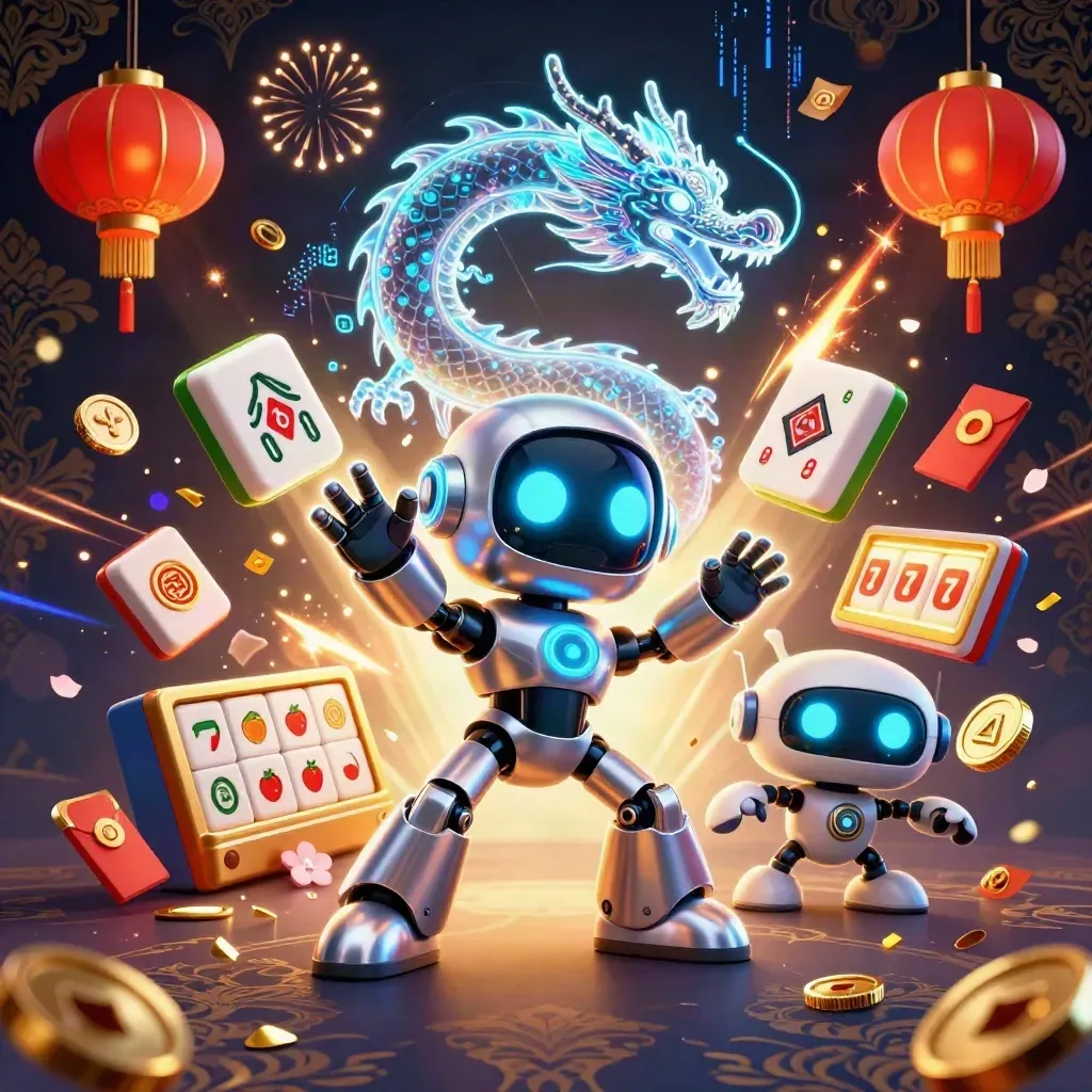 Robot cyberpunk, drago olografico e drone tra ciliegie, monete e lanterne dorate.