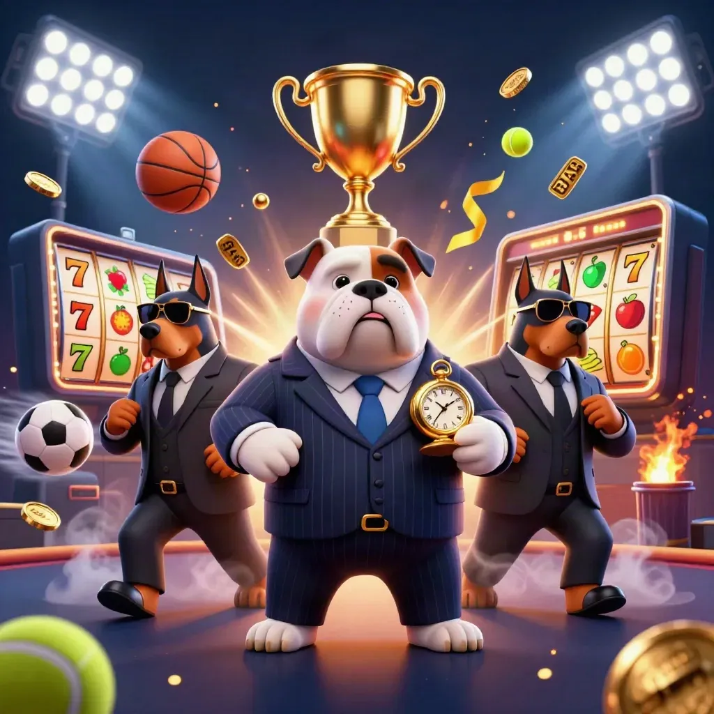 Bulldog mafioso e due dobermann tra trofei, monete e palloni in stile casino premium.