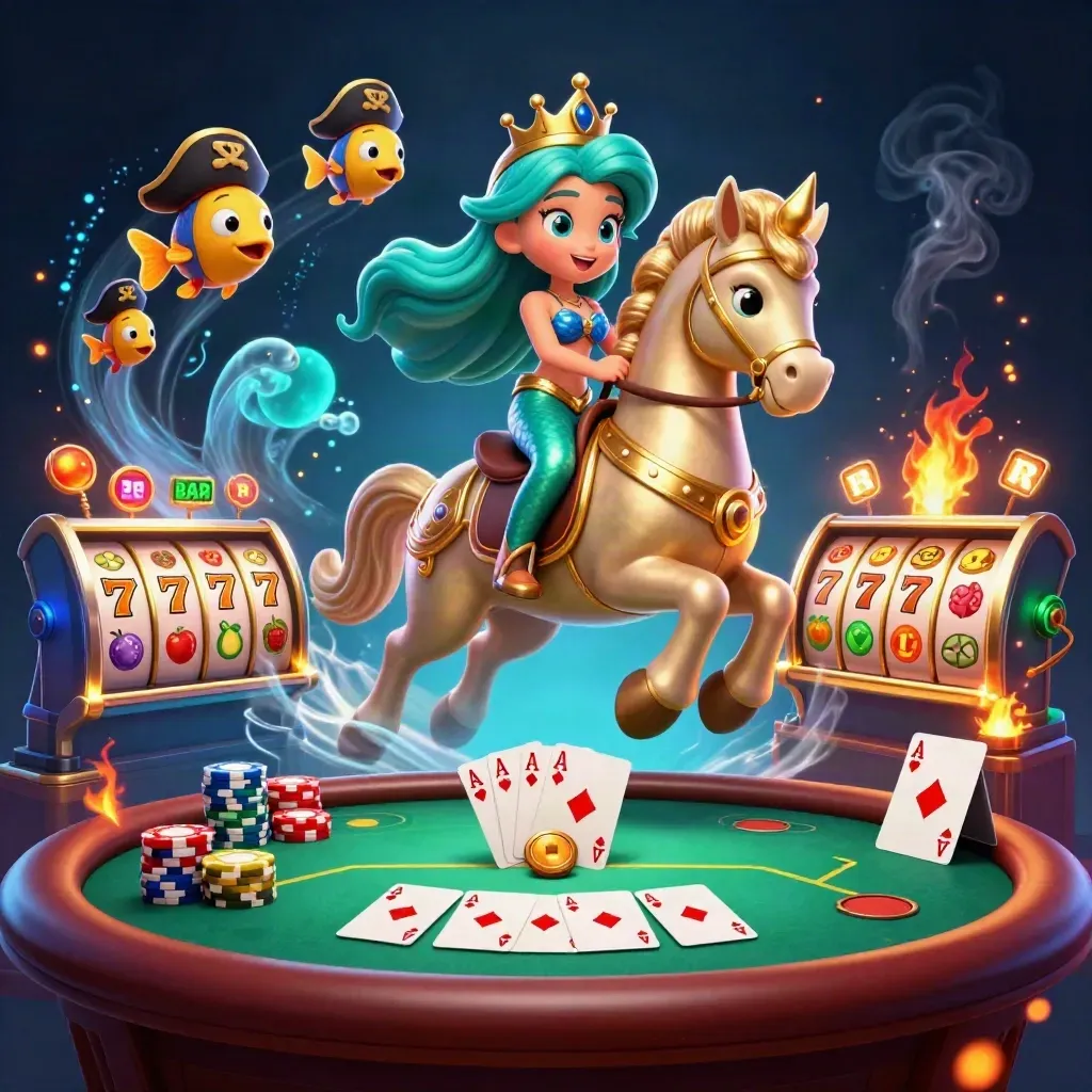 Sirena principessa su cavalluccio marino dorato tra fiches, carte e scintille in un casino fantasy.