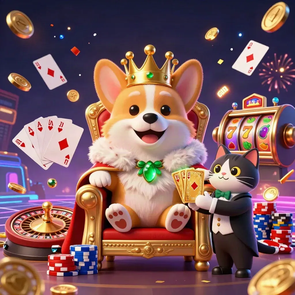 Corgi reale con corona, gatto maggiordomo, monete e carte d’oro in stile slot neon.