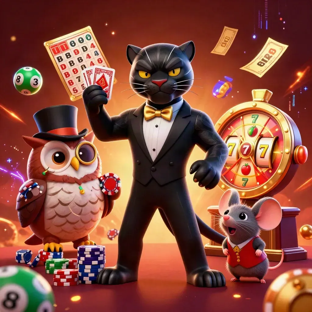 Pantera tuxedo, gufo con fiches e topo fortunato tra jackpot, slot e luci neon.