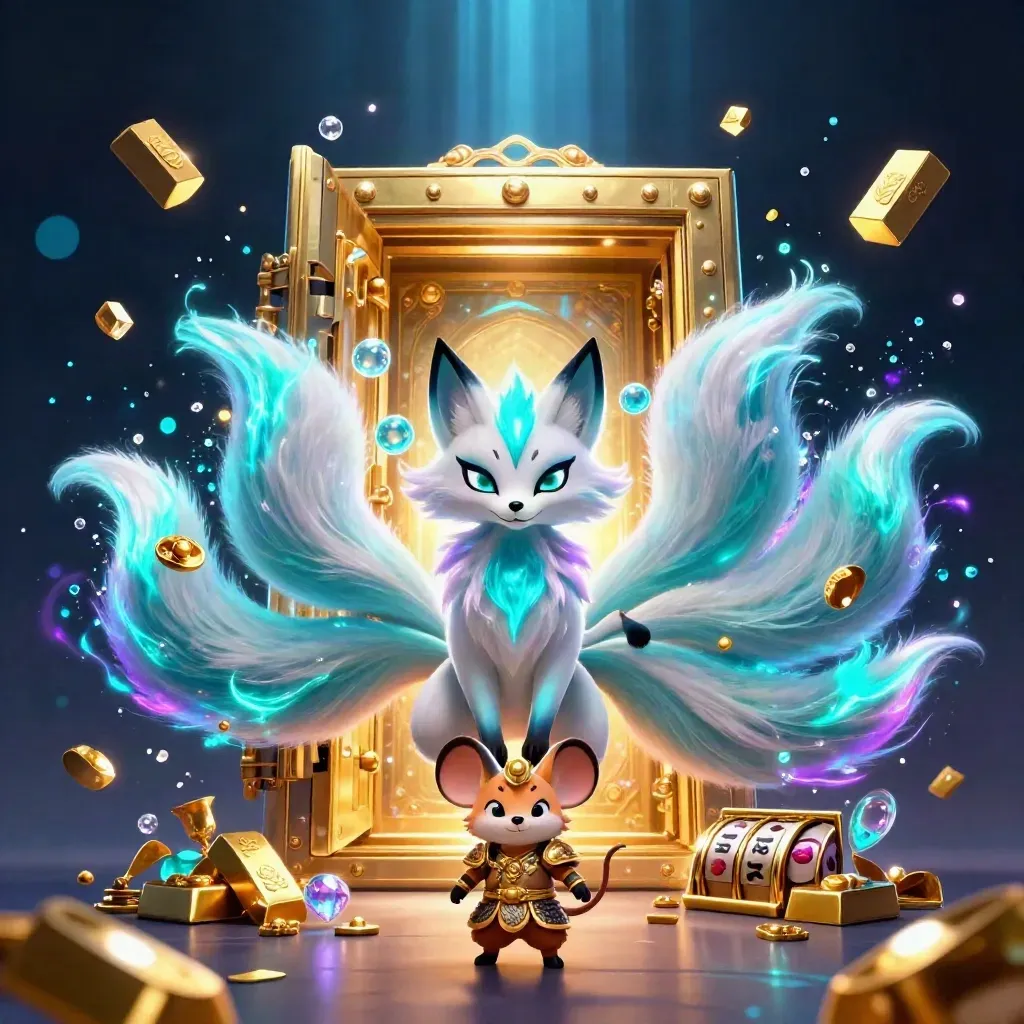Volpe spiritica a nove code con topo samurai, tesoro, slot e luce dorata in stile casino.