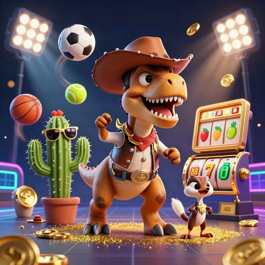 T-Rex cowboy, cactus e roadrunner tra gettoni, trofeo e riflessi neon