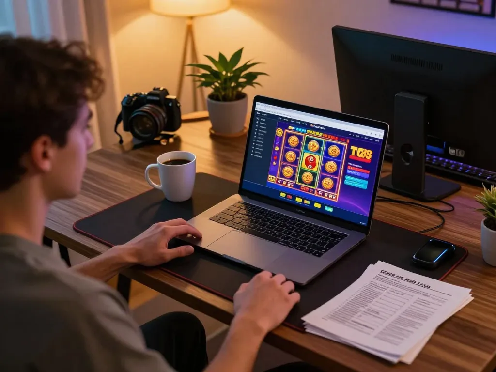 Player engaged in online gaming at TG88 nhà cái with vibrant visuals and cozy home office setup.