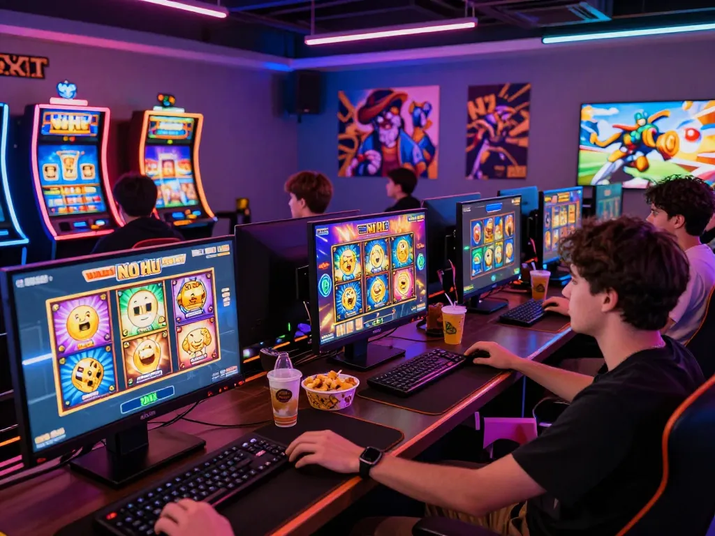 Players enjoying No Hu slot games in a vibrant gaming setup with colorful displays and exciting atmosphere.