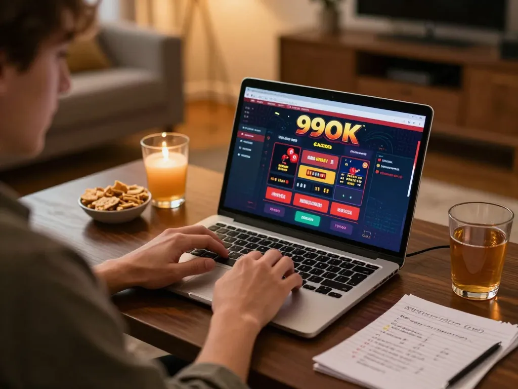 Player enjoys 99OK casino on their laptop at home, immersed in an engaging online gaming experience.