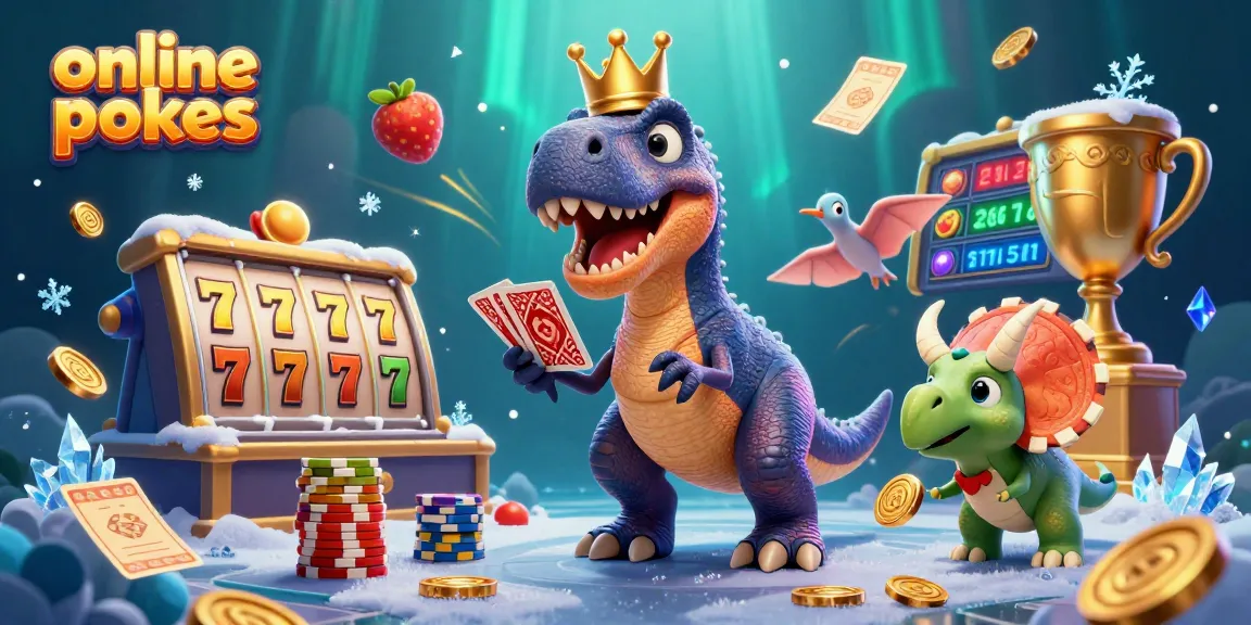 Engage in online pokies with a cartoon T-Rex and friends enjoying thrilling gameplay surrounded by exciting casino elements.