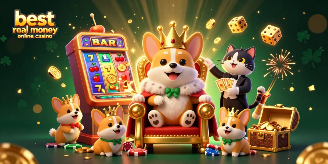 Experience the excitement of the best real money online casino with cartoon corgi royalty amidst dazzling jackpots and gaming elements.