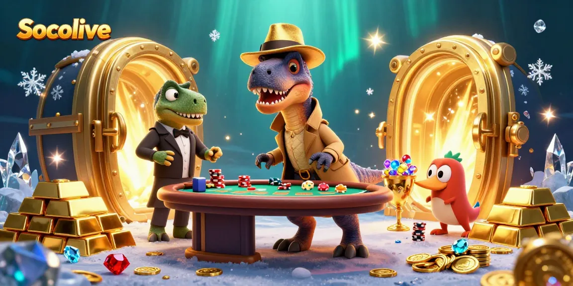 Socolive offers an engaging betting experience, featuring cartoon dinosaurs at a blackjack table with gold elements.