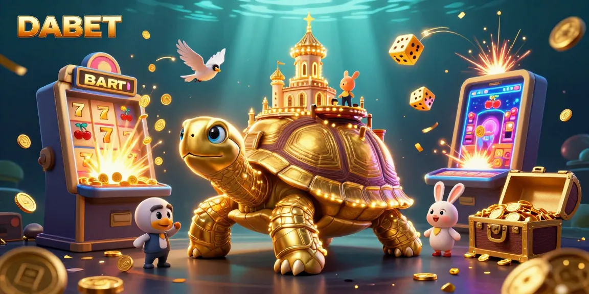 DABET engages players with a vibrant 3D illustration showcasing a golden tortoise casino, filled with excitement and winning moments.