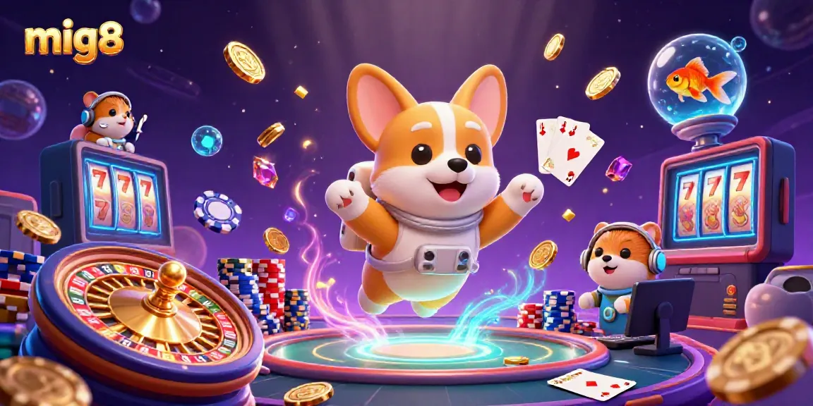 Experience the thrill of mig8 with an astronaut corgi, floating casino elements, and golden coins surround.