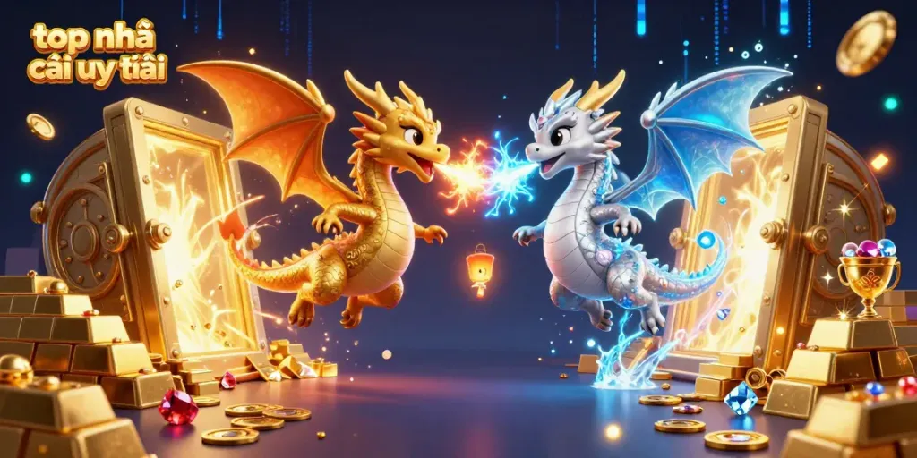 Experience the thrilling action of top nhà cái uy tín with fire and ice dragons amidst treasure.