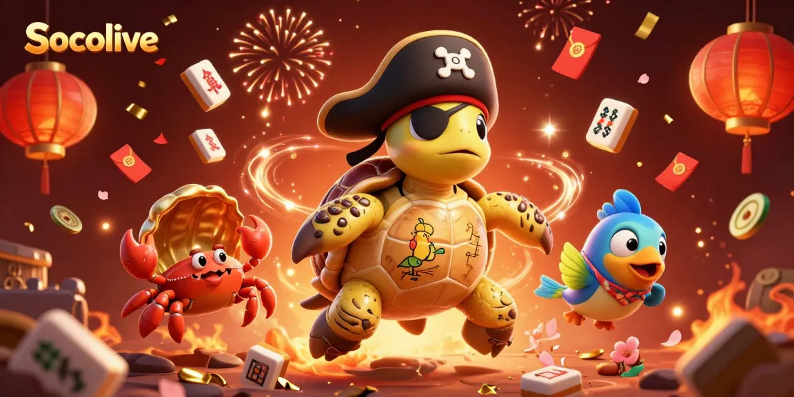 Socolive enhances your betting experience with a pirate turtle sailing above treasure, amidst vibrant gambling symbols.