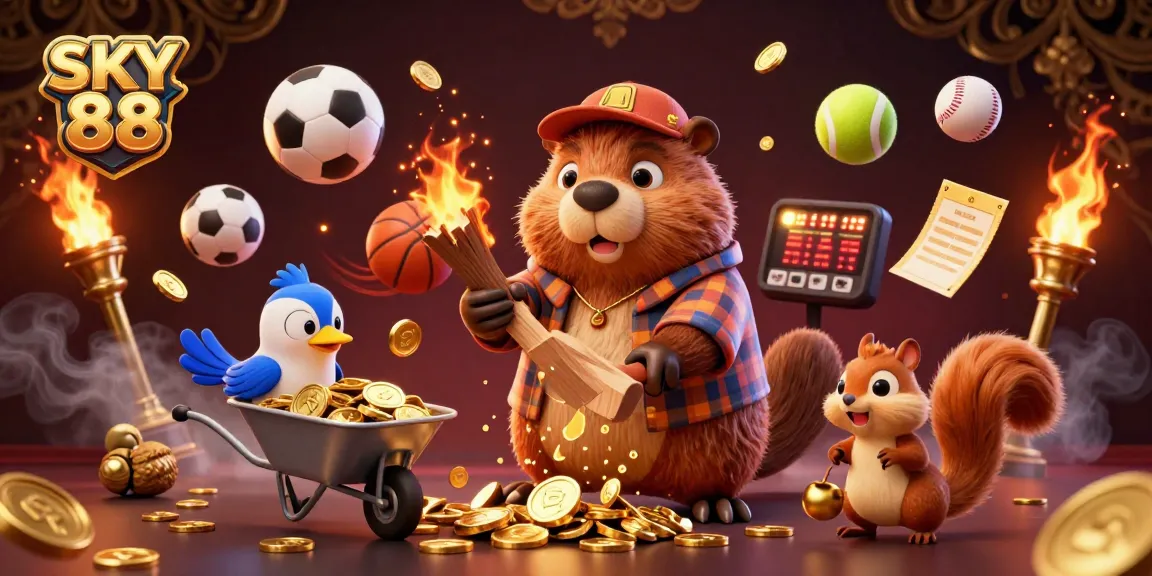 Engage with thrilling gameplay at SKY 88 while a beaver chops a tree raining coins and a squirrel stacks acorns.