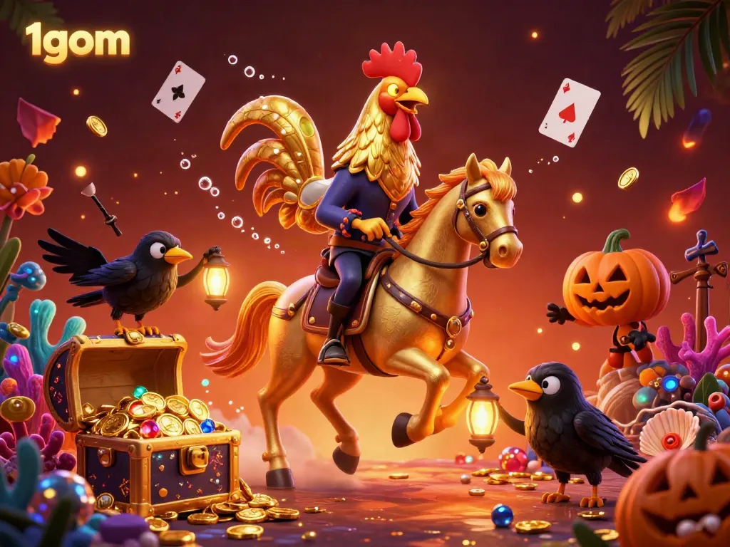 Experience thrilling betting with the vibrant casino scene featuring 1gom, golden rooster, and treasure elements.