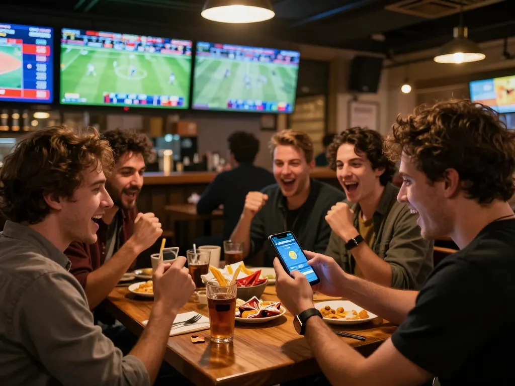 Excited sports betting on open88c app amidst friends in lively sports bar atmosphere.