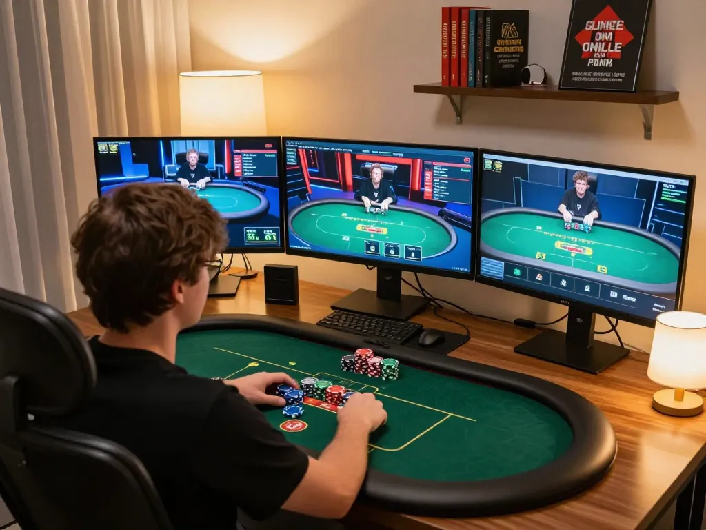 Engaging online poker game at nhà cái lc88, showcasing focused player and multiple gaming screens.