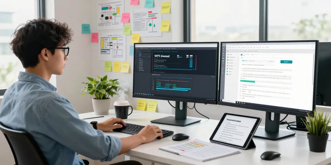 WPS Download interface displayed on a monitor in a modern tech workspace