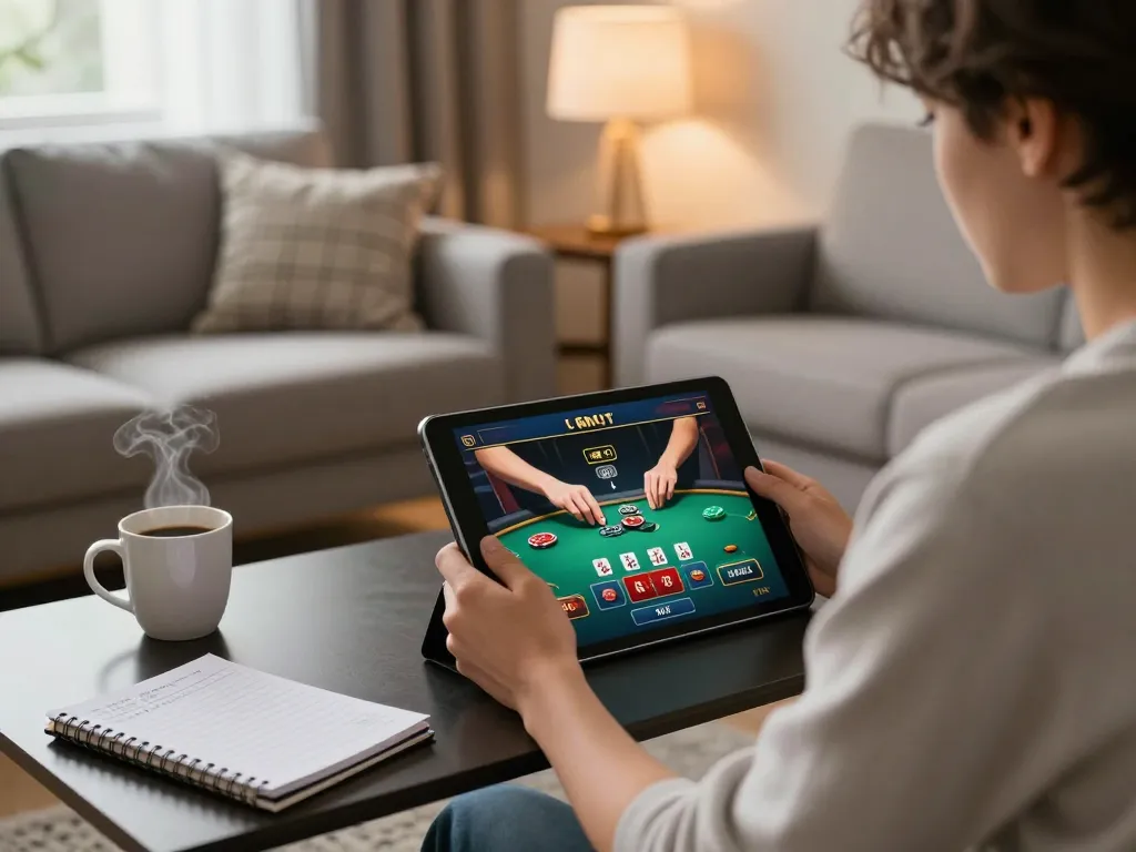 Engaging in online gaming on a tablet, showcasing pg88 poker strategy in a cozy home setting.