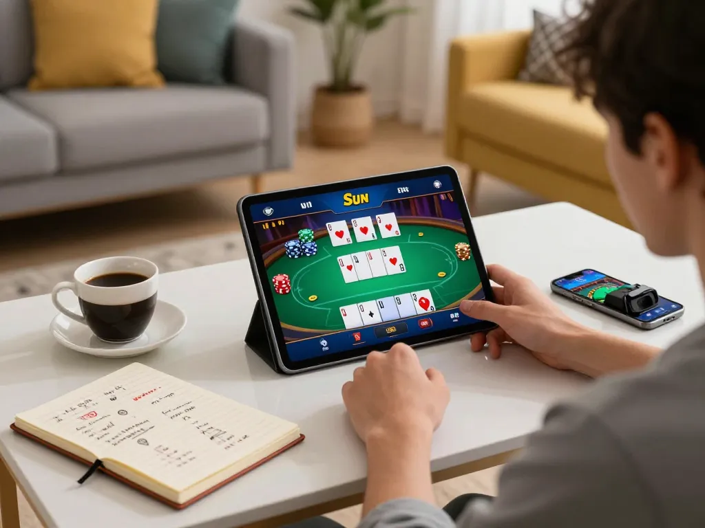Người chơi tham gia ứng dụng casino Sun Win trên máy tính bảng với trò chơi poker hiển thị trên màn hình.