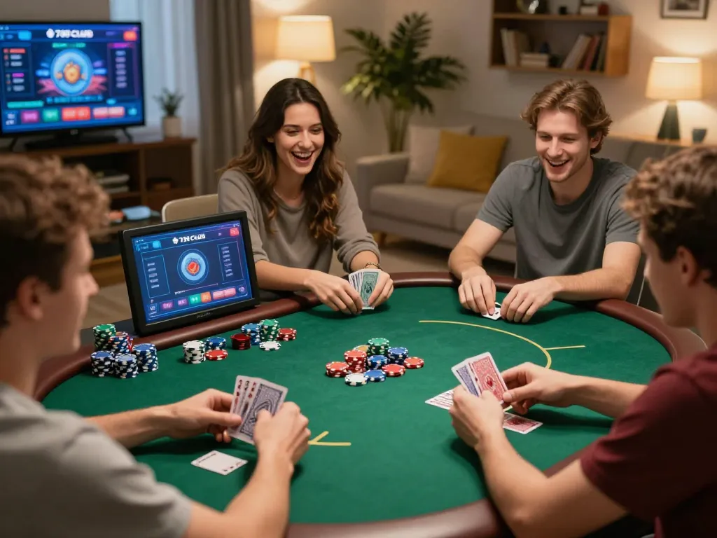 Bạn bè tận hưởng một đêm chơi poker với ứng dụng trò chơi 789 club trên màn hình, không khí xã hội sôi động.