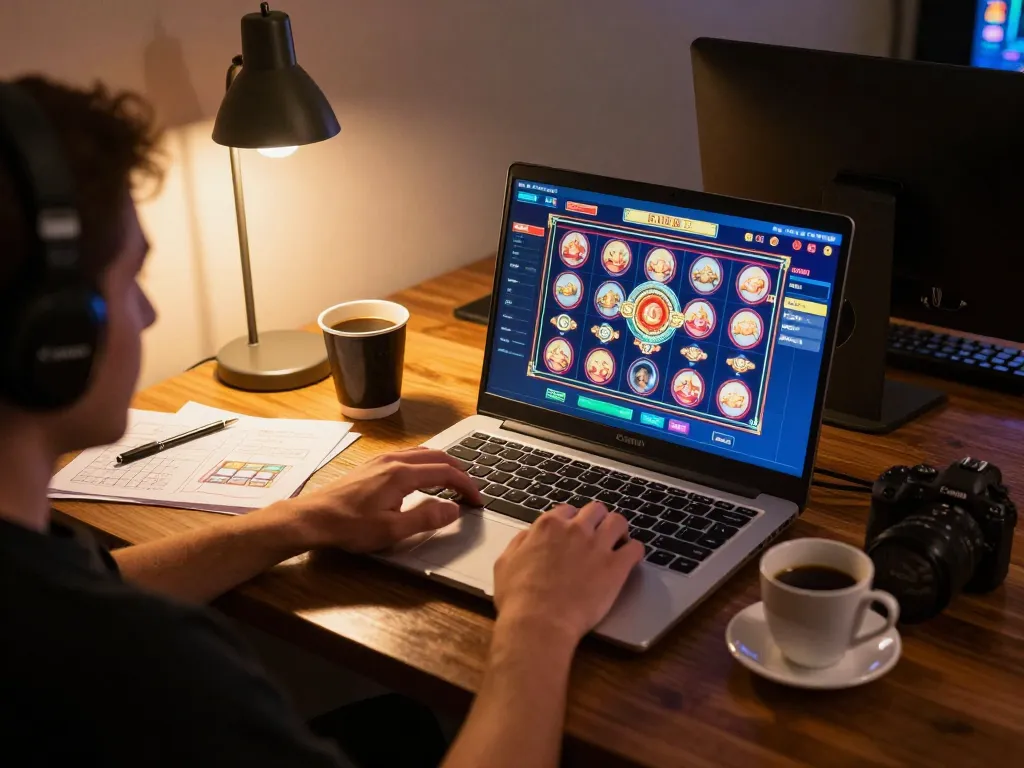 Player immersed in online gambling at home with KJC gaming setup and strategy notes.