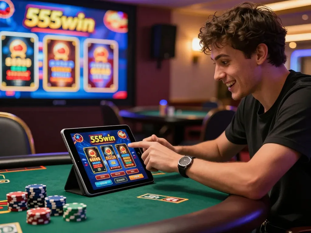 Exciting online gaming experience with 555win platform on tablet and vibrant casino environment.