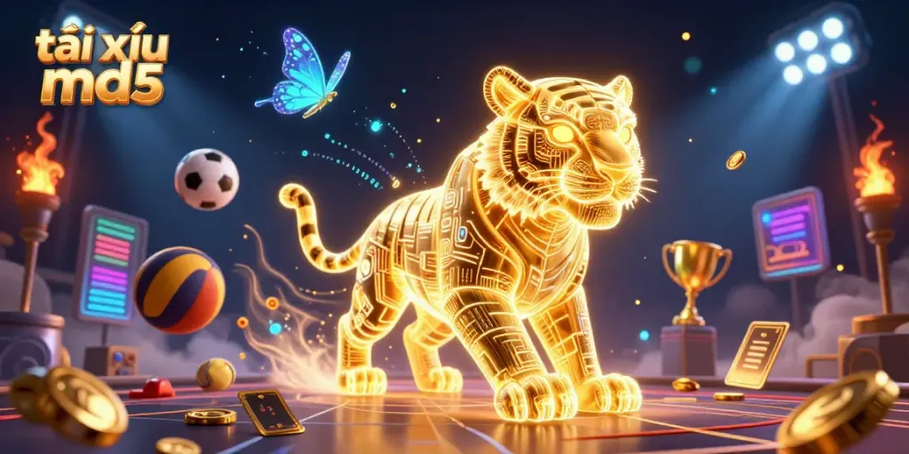 Engage in the vibrant world of tài xỉu md5 with a neon golden tiger and dynamic betting elements.