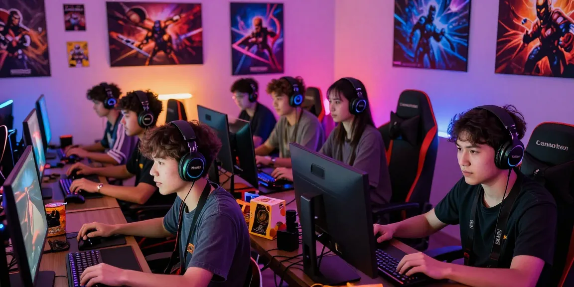 Komunitas gaming MEGAWIN88 yang ramai dengan pemain asyik bermain di perangkat mereka, dikelilingi oleh perlengkapan gaming dan cahaya LED yang berwarna-warni.
