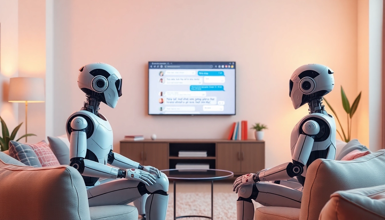 Engaging scene of AI chatbots in a cozy space discussing sex AI chat in a digital conversation.