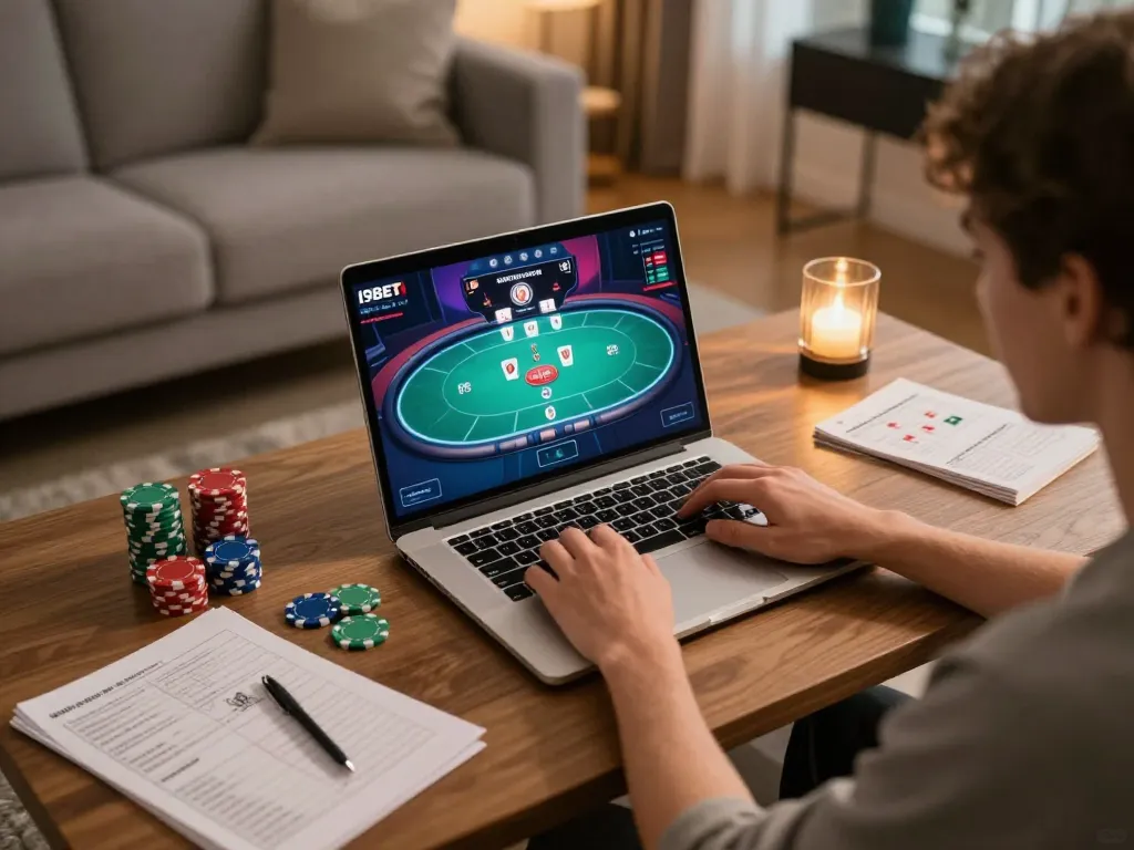 I9BET player engaging in online poker with a well-organized gaming setup and vibrant interface.