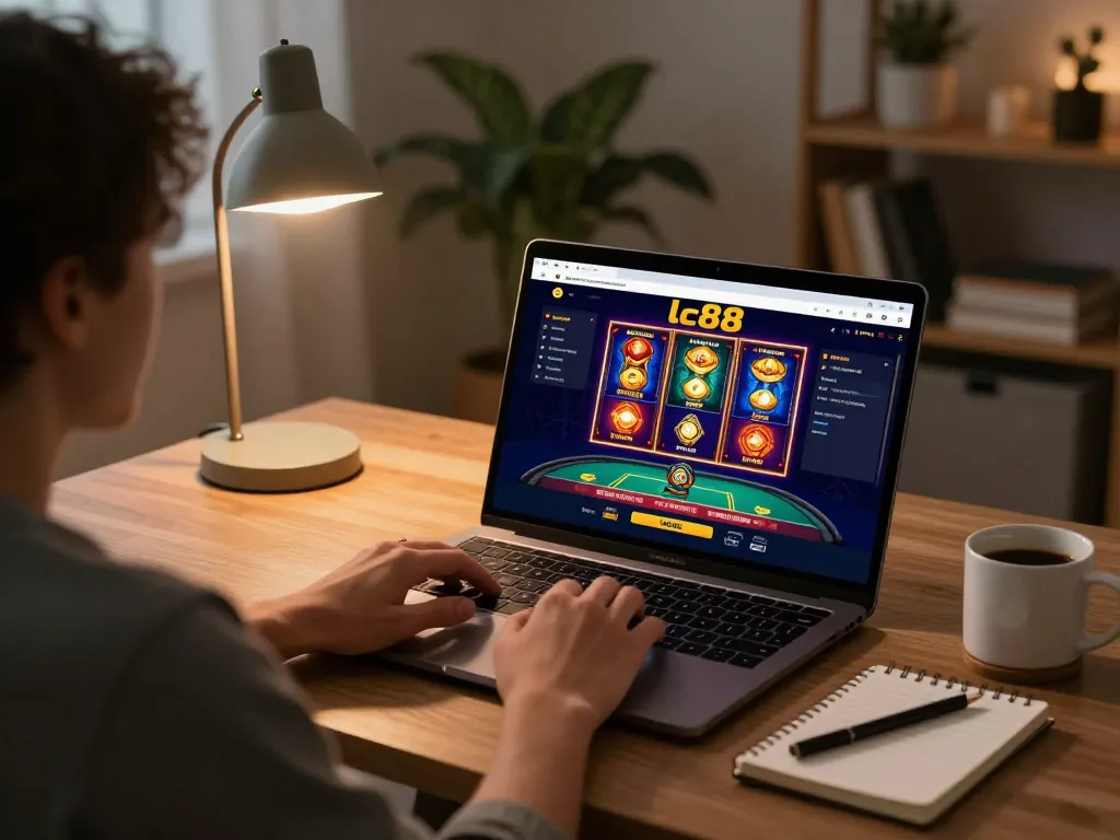 Engaging in online gaming at lc88 casino with vibrant slots displayed on laptop