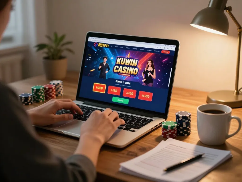 Engaging gaming experience on kuwin co platform with vibrant casino graphics at home.