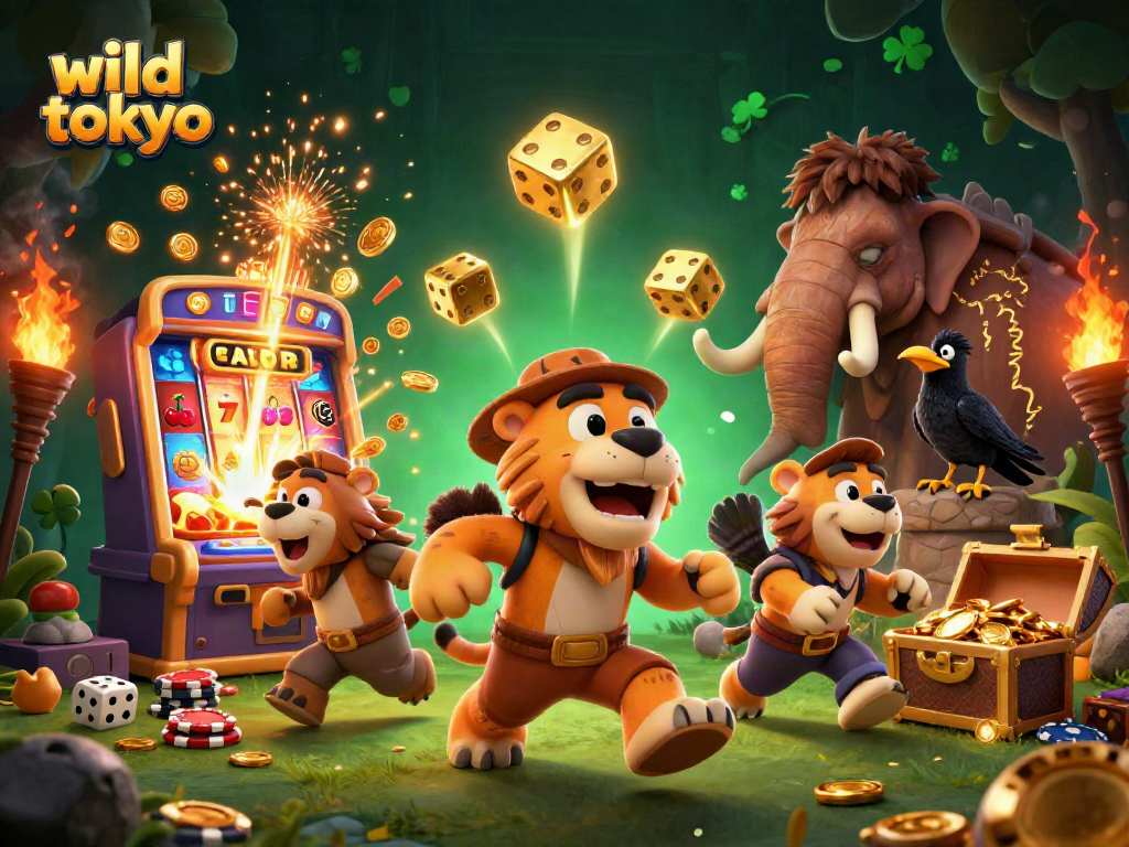 Experience the thrill at wild tokyo casino with 3D caveman and tiger in a lively gaming scene.