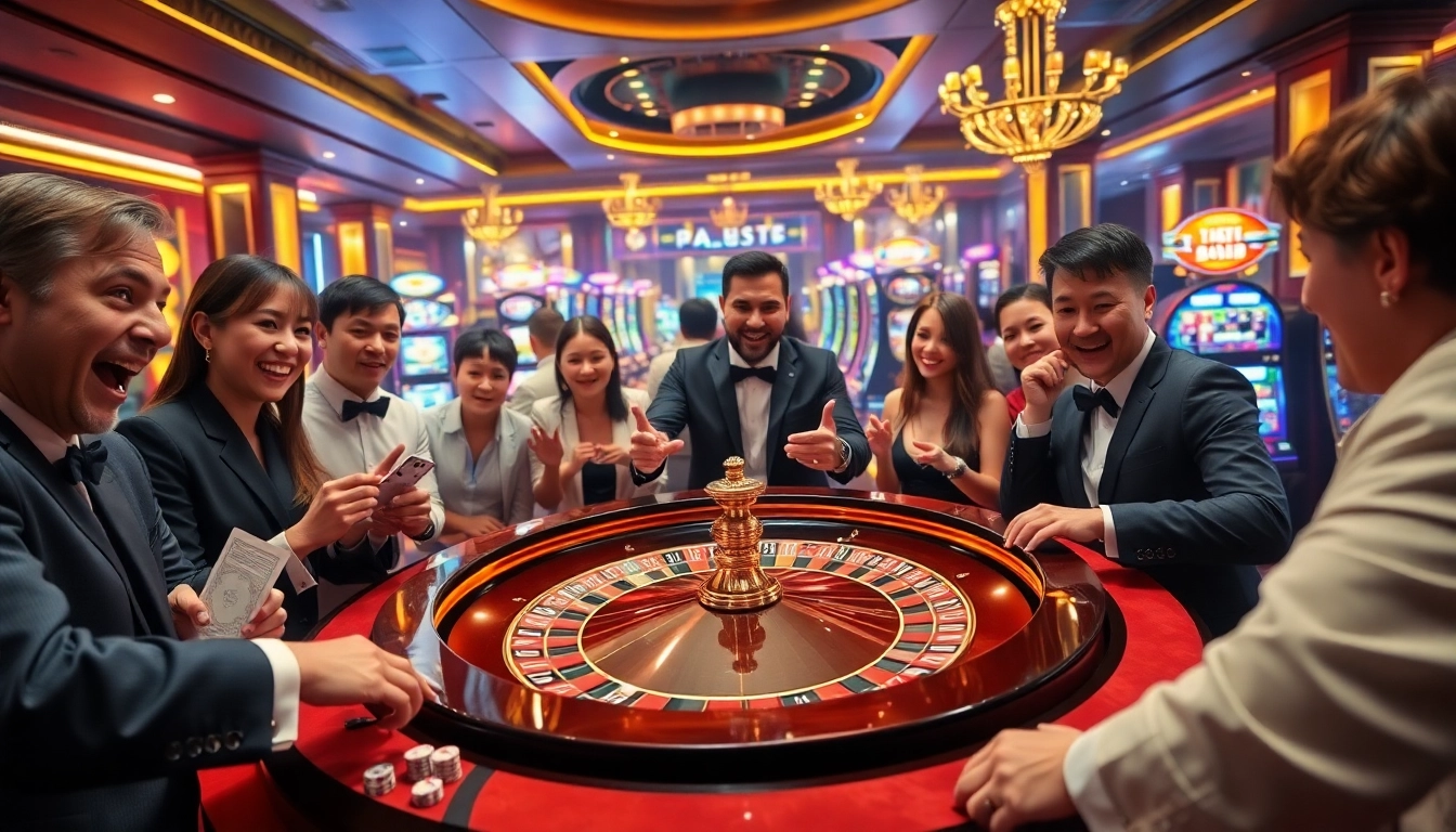 Exciting casino atmosphere with players engaging at a roulette table, embodying the thrill of F168 gambling.