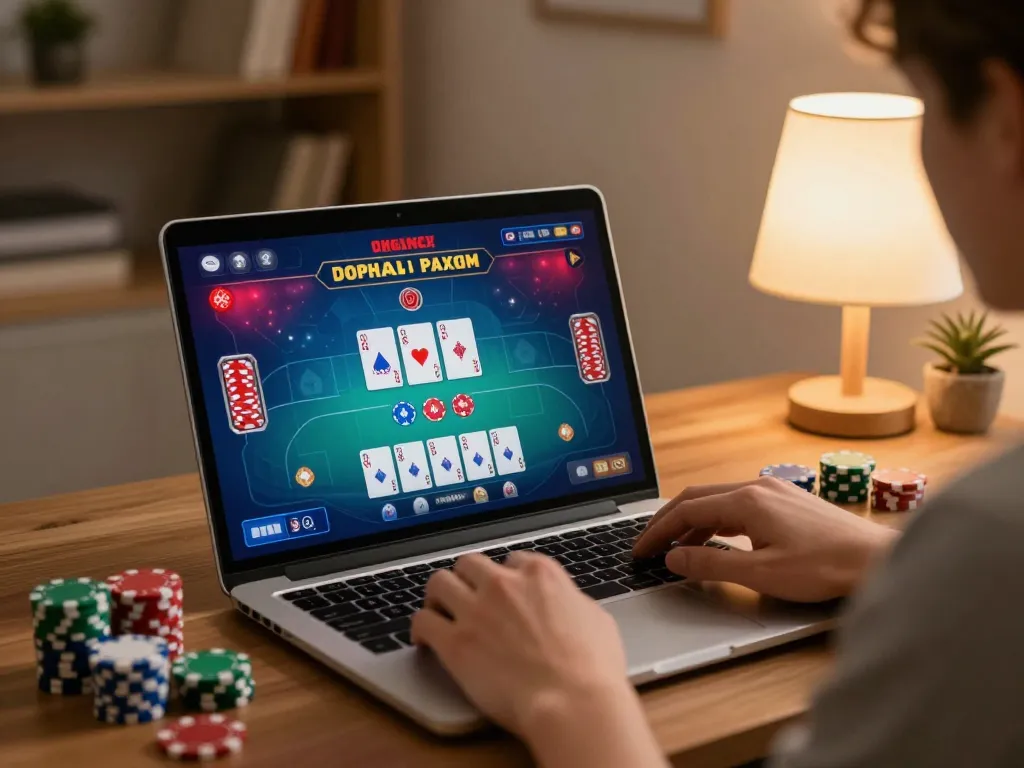 SX88.com showcases vibrant online poker gameplay on a laptop in a cozy home setting