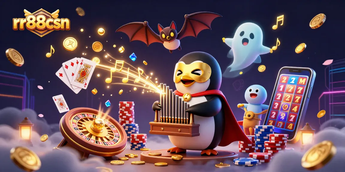 Experience thrilling gaming action with rr88csn's captivating casino illustration of a penguin on a pipe organ.