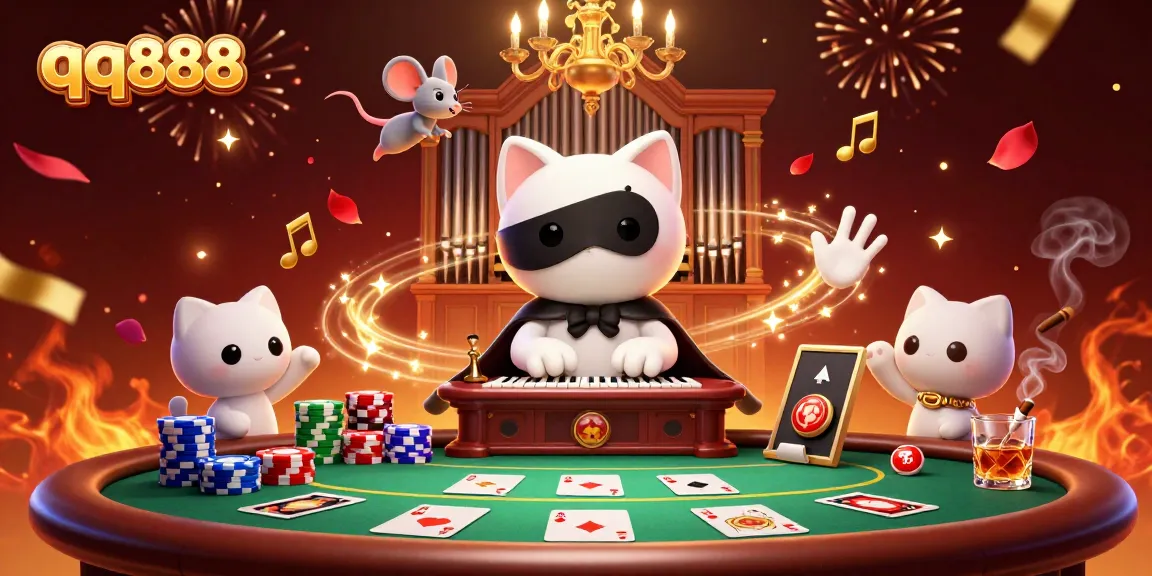 Play exciting casino games at qq888 with a whimsical 3D cat and mouse in a lavish setting.