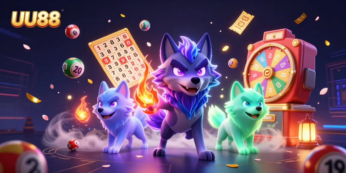 UU88 casino experience with a captivating wolf pack leader and lottery elements bursting dynamically.