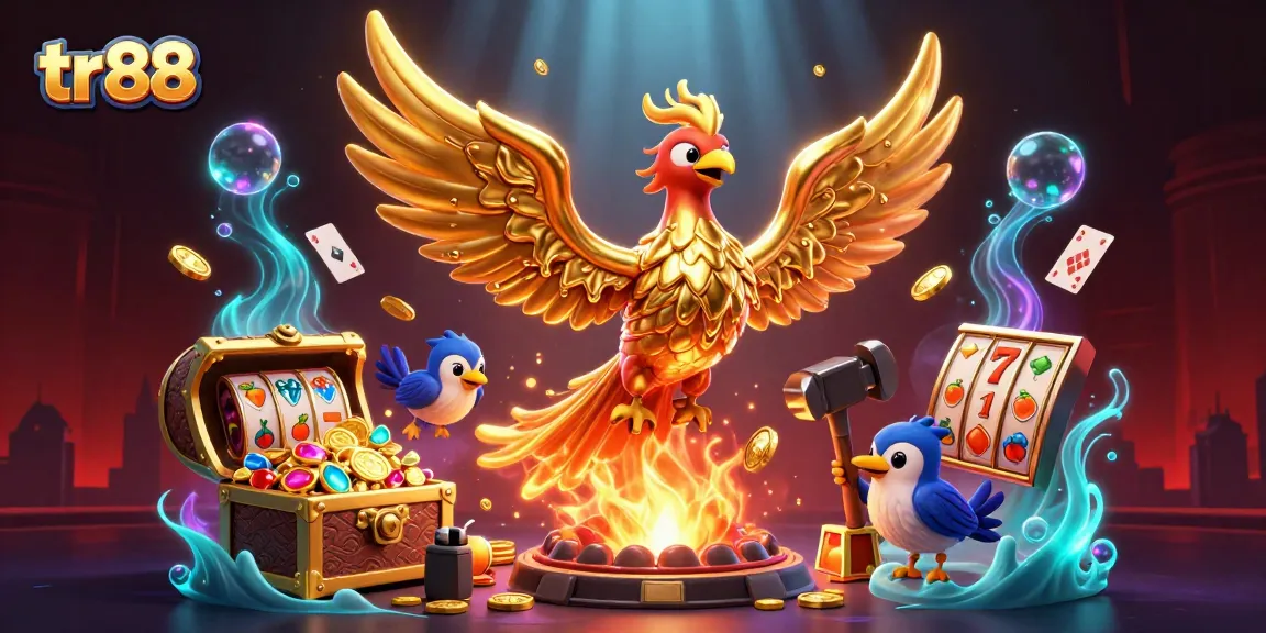 Experience thrilling gaming action at tr88 with a golden phoenix surrounded by casino treasures.